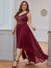 Load image into Gallery viewer, Color=Burgundy | Elegant Paillette & Chiffon V-Neck A-Line Sleeveless Plus Size Evening Dresses-Burgundy 3