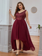 Load image into Gallery viewer, Color=Burgundy | Elegant Paillette & Chiffon V-Neck A-Line Sleeveless Plus Size Evening Dresses-Burgundy 4