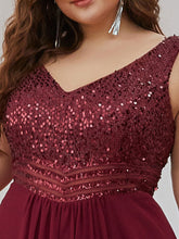 Load image into Gallery viewer, Color=Burgundy | Elegant Paillette & Chiffon V-Neck A-Line Sleeveless Plus Size Evening Dresses-Burgundy 5