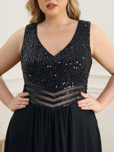 Load image into Gallery viewer, Color=Black | Elegant Paillette & Chiffon V-Neck A-Line Sleeveless Plus Size Evening Dresses-Black 5