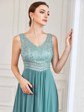 Load image into Gallery viewer, Color=Dusty Blue | Elegant Paillette & Chiffon V-Neck A-Line Sleeveless Plus Size Evening Dresses-Dusty Blue 5