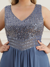 Load image into Gallery viewer, Color=Dusty Navy | Elegant Paillette & Chiffon V-Neck A-Line Sleeveless Plus Size Evening Dresses-Dusty Navy 5