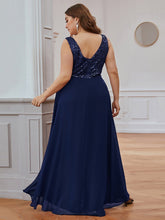 Load image into Gallery viewer, Color=Navy Blue | Elegant Paillette & Chiffon V-Neck A-Line Sleeveless Plus Size Evening Dresses-Navy Blue 2