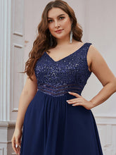 Load image into Gallery viewer, Color=Navy Blue | Elegant Paillette & Chiffon V-Neck A-Line Sleeveless Plus Size Evening Dresses-Navy Blue 5