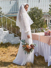 Load image into Gallery viewer, Color=White | Elegant Simple Chiffon Wedding Dress With Long Puff Sleeves-White 3