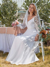 Load image into Gallery viewer, Color=White | Elegant Simple Chiffon Wedding Dress With Long Puff Sleeves-White 4