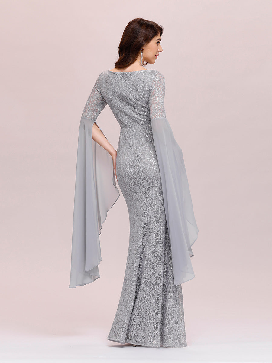 Grey Lace Sheer Mesh Feather Long Train Prom Dress - Promfy