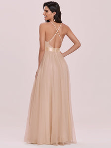 Color=Blush | Sexy Floor Length Deep V-Neck A-Line Tulle Backless Evening Dresses-Blush 2