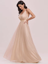 Load image into Gallery viewer, Color=Blush | Sexy Floor Length Deep V-Neck A-Line Tulle Backless Evening Dresses-Blush 3