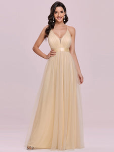 Color=Gold | Sexy Floor Length Deep V-Neck A-Line Tulle Backless Evening Dresses-Gold 4