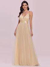 Load image into Gallery viewer, Color=Gold | Sexy Floor Length Deep V-Neck A-Line Tulle Backless Evening Dresses-Gold 1