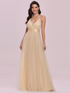 Color=Gold | Sexy Floor Length Deep V-Neck A-Line Tulle Backless Evening Dresses-Gold 1