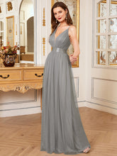 Load image into Gallery viewer, Color=Grey | Sexy Floor Length Deep V-Neck A-Line Tulle Backless Evening Dresses-Grey 9