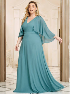 Color=Dusty blue | Elegant Plus Size Floor Length Bridesmaid Dresses With Wraps-Dusty blue 3