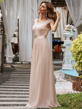 Load image into Gallery viewer, Color=Blush | Classic Round Neck V Back A-Line Chiffon Bridesmaid Dresses With Lace-Blush 3