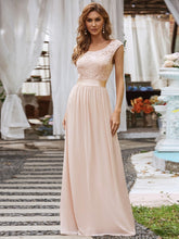 Load image into Gallery viewer, Color=Blush | Classic Round Neck V Back A-Line Chiffon Bridesmaid Dresses With Lace-Blush 1