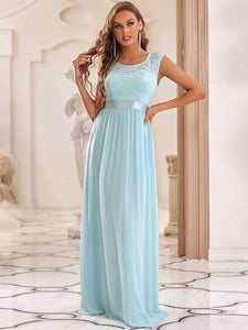 Color=Sky Blue | Classic Round Neck V Back A-Line Chiffon Bridesmaid Dresses With Lace-Sky Blue 3
