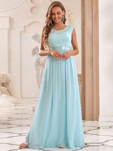 Color=Sky Blue | Classic Round Neck V Back A-Line Chiffon Bridesmaid Dresses With Lace-Sky Blue 1