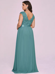 Color=Dusty blue | Classic Round Neck V Back A-Line Chiffon Bridesmaid Dresses With Lace-Dusty blue 6