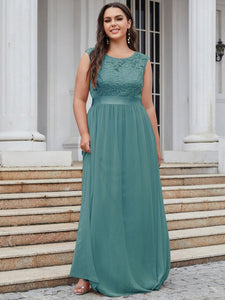 Color=Dusty blue | Classic Round Neck V Back A-Line Chiffon Bridesmaid Dresses With Lace-Dusty blue 1