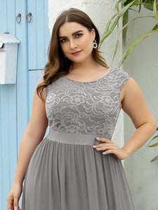 Color=Grey | Classic Round Neck V Back A-Line Chiffon Bridesmaid Dresses With Lace-Grey 10