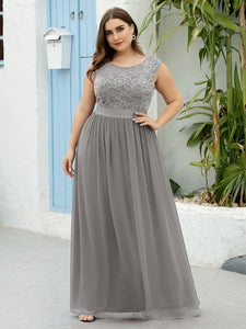 Color=Grey | Classic Round Neck V Back A-Line Chiffon Bridesmaid Dresses With Lace-Grey 6