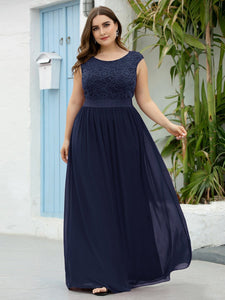 Color=Navy Blue | Classic Round Neck V Back A-Line Chiffon Bridesmaid Dresses With Lace-Navy Blue 8