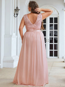 Color=Pink | Classic Round Neck V Back A-Line Chiffon Bridesmaid Dresses With Lace-Pink 2