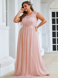 Color=Pink | Classic Round Neck V Back A-Line Chiffon Bridesmaid Dresses With Lace-Pink 3