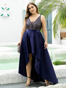 Color=Navy Blue | Sparkly Plus Size Prom Dresses For Women With Irregular Hem-Navy Blue 3