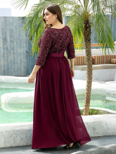 Load image into Gallery viewer, Color=Burgundy | Elegant Round Neckline 3/4 Sleeve Sequins Patchwork Evening Dress-Burgundy 2