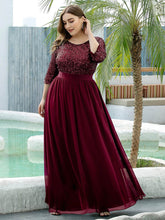 Load image into Gallery viewer, Color=Burgundy | Elegant Round Neckline 3/4 Sleeve Sequins Patchwork Evening Dress-Burgundy 3