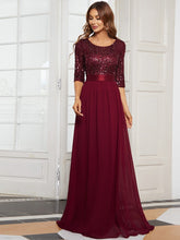 Load image into Gallery viewer, Color=Burgundy | Elegant Round Neckline 3/4 Sleeve Sequins Patchwork Evening Dress-Burgundy 1