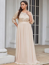 Load image into Gallery viewer, Color=Blush | Elegant Round Neckline 3/4 Sleeve Sequins Patchwork Evening Dress-Blush 3