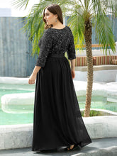 Load image into Gallery viewer, Color=Black | Elegant Round Neckline 3/4 Sleeve Sequins Patchwork Evening Dress-Black 2