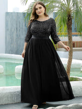 Load image into Gallery viewer, Color=Black | Elegant Round Neckline 3/4 Sleeve Sequins Patchwork Evening Dress-Black 4