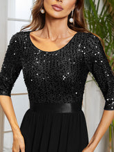 Load image into Gallery viewer, Color=Black | Elegant Round Neckline 3/4 Sleeve Sequins Patchwork Evening Dress-Black 5