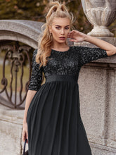 Load image into Gallery viewer, Color=Black | Elegant Round Neckline 3/4 Sleeve Sequins Patchwork Evening Dress-Black 3