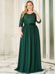 Color=Green  Dark | Elegant Round Neckline 3/4 Sleeve Sequins Patchwork Evening Dress-Green  Dark 1