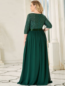 Color=Green Dark | Elegant Round Neckline 3/4 Sleeve Sequins Patchwork Evening Dress-Green Dark 2