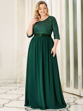 Load image into Gallery viewer, Color=Green Dark | Elegant Round Neckline 3/4 Sleeve Sequins Patchwork Evening Dress-Green Dark 3