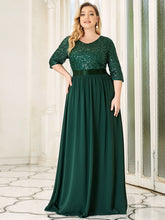 Load image into Gallery viewer, Color=Green Dark | Elegant Round Neckline 3/4 Sleeve Sequins Patchwork Evening Dress-Green Dark 4