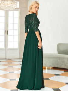 Color=Dark Green | Elegant Round Neckline 3/4 Sleeve Sequins Patchwork Evening Dress-Dark Green 2