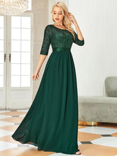 Load image into Gallery viewer, Color=Dark Green | Elegant Round Neckline 3/4 Sleeve Sequins Patchwork Evening Dress-Dark Green 3