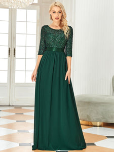 Color=Dark Green | Elegant Round Neckline 3/4 Sleeve Sequins Patchwork Evening Dress-Dark Green 4