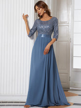 Load image into Gallery viewer, Color=Dusty Navy | Elegant Round Neckline 3/4 Sleeve Sequins Patchwork Evening Dress-Dusty Navy 3