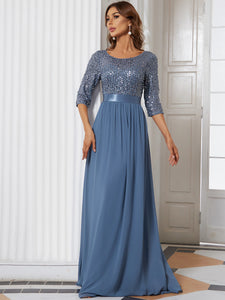Color=Dusty Navy | Elegant Round Neckline 3/4 Sleeve Sequins Patchwork Evening Dress-Dusty Navy 4