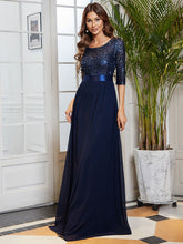 Load image into Gallery viewer, Color=Navy Blue | Elegant Round Neckline 3/4 Sleeve Sequins Patchwork Evening Dress-Navy Blue 8