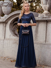 Load image into Gallery viewer, Color=Navy Blue | Elegant Round Neckline 3/4 Sleeve Sequins Patchwork Evening Dress-Navy Blue 2