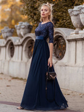 Load image into Gallery viewer, Color=Navy Blue | Elegant Round Neckline 3/4 Sleeve Sequins Patchwork Evening Dress-Navy Blue 3